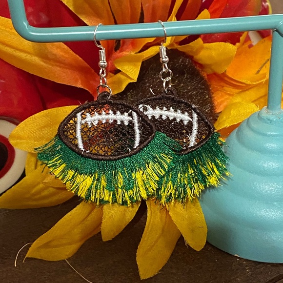 Handmade Embroidered Boho Football Earrings with customizable colors. - Picture 2 of 2